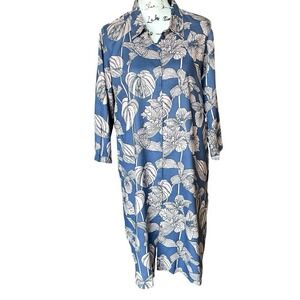 Utsa By Westside Blue Tan Floral‎ Button Front Shirt Dress Women's Medium